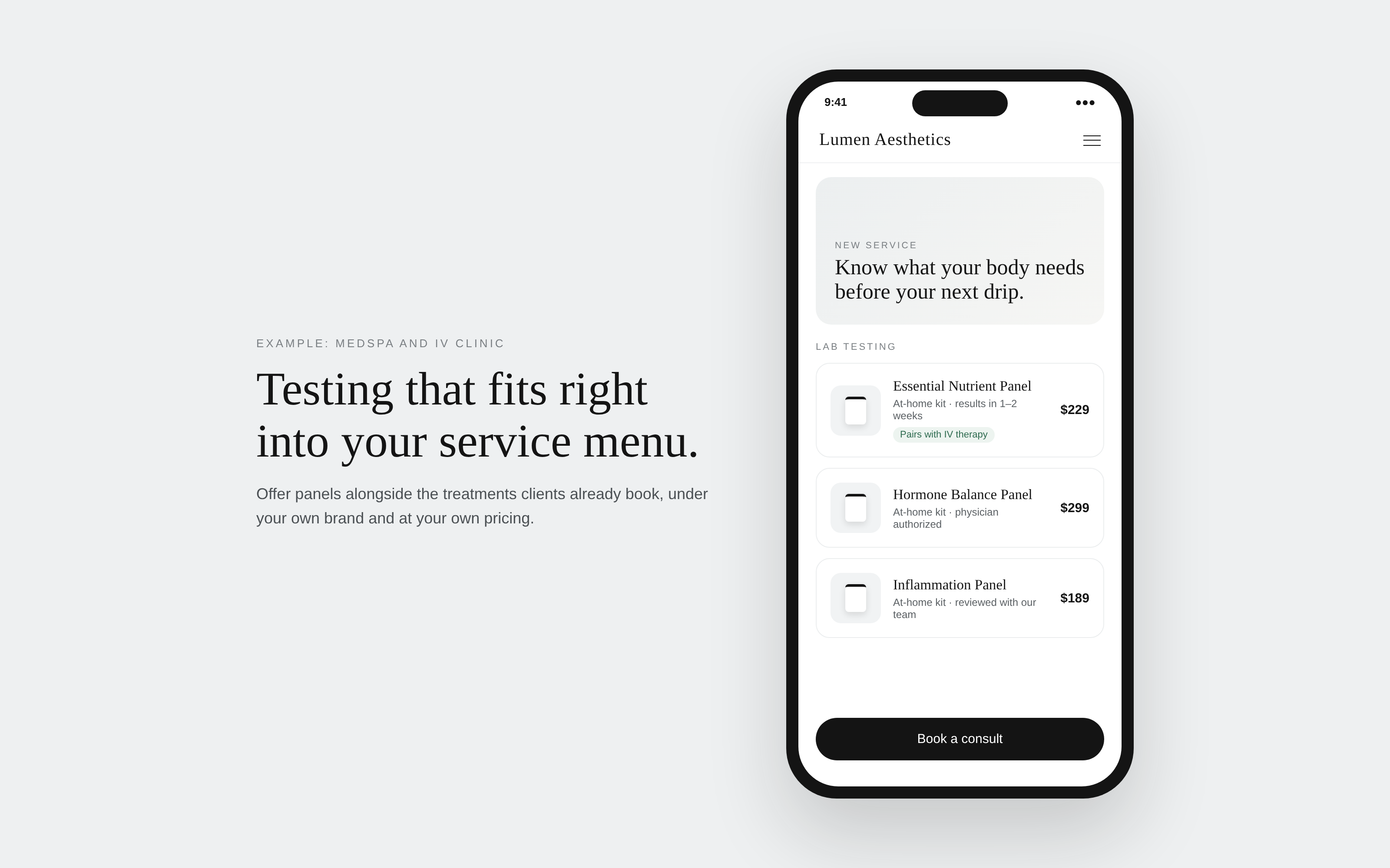 Lumen Aesthetics medspa lab testing service menu example